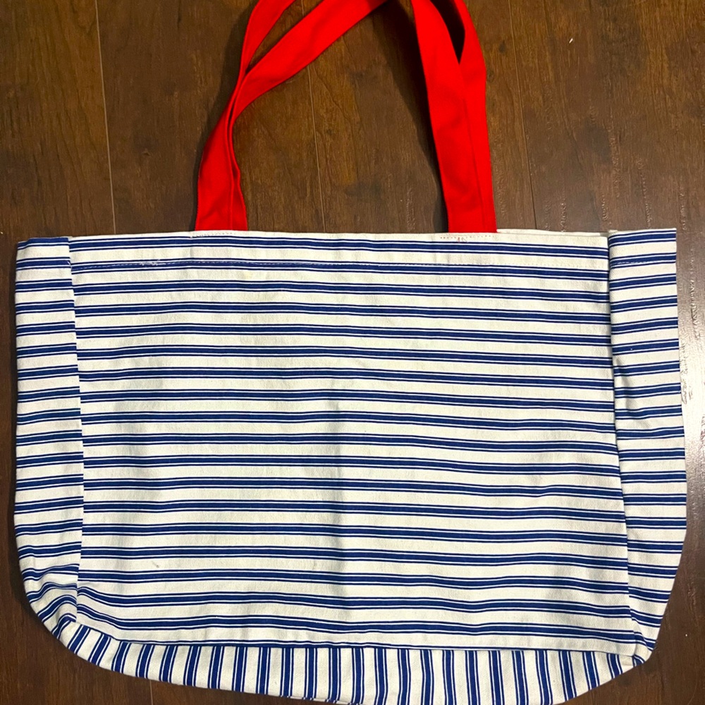 Beach bag!  Navy and white stripe with red handle. Classic
